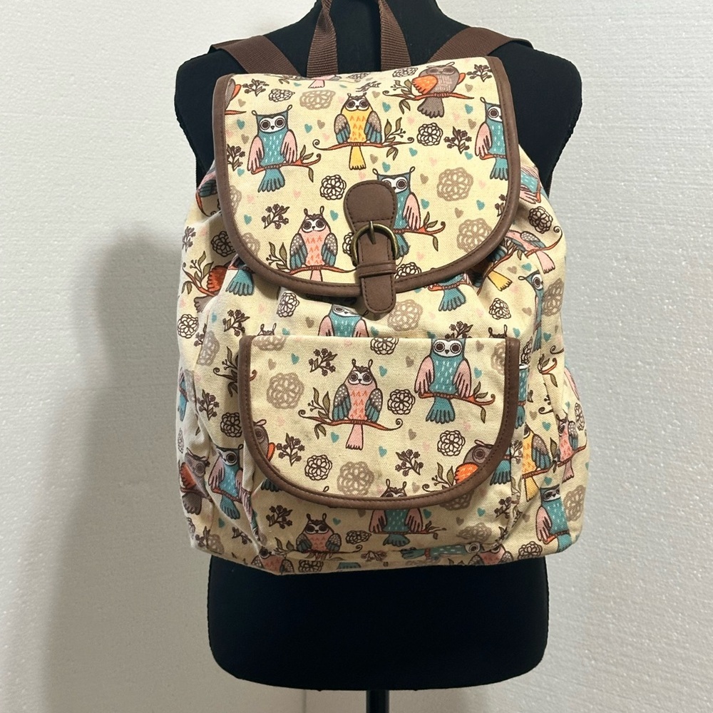 Owl Print Canvas Backpack with Brown Trim - Picture 2 of 3